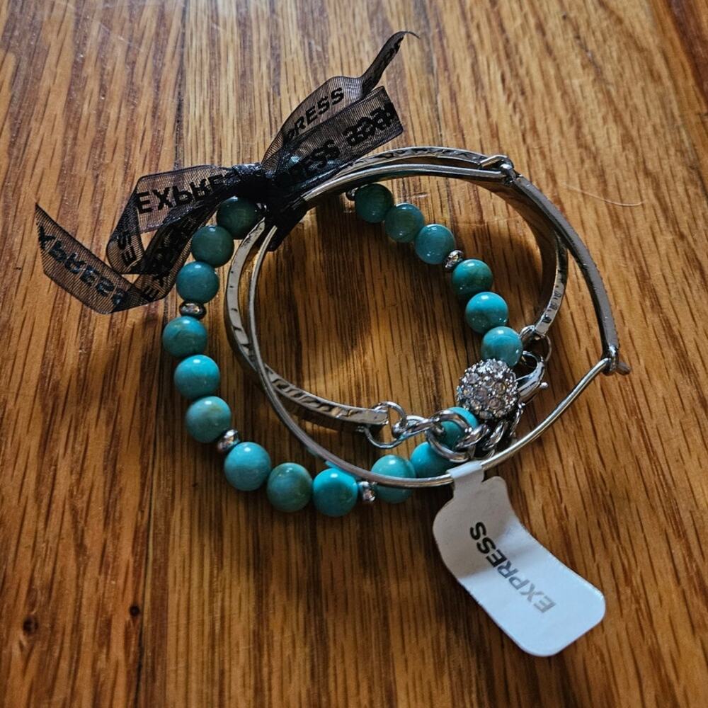 Express Bracelet Set ~ 3 Faux Turquoise & Silver-Tone Bracelets in Set